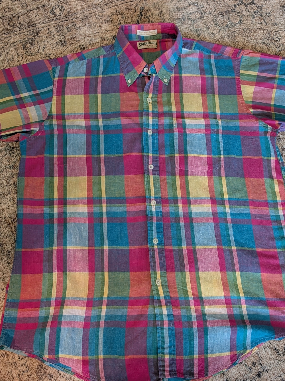 VTG Shirt Men XL Colorful Bright Madras Plaid Single Needle USA